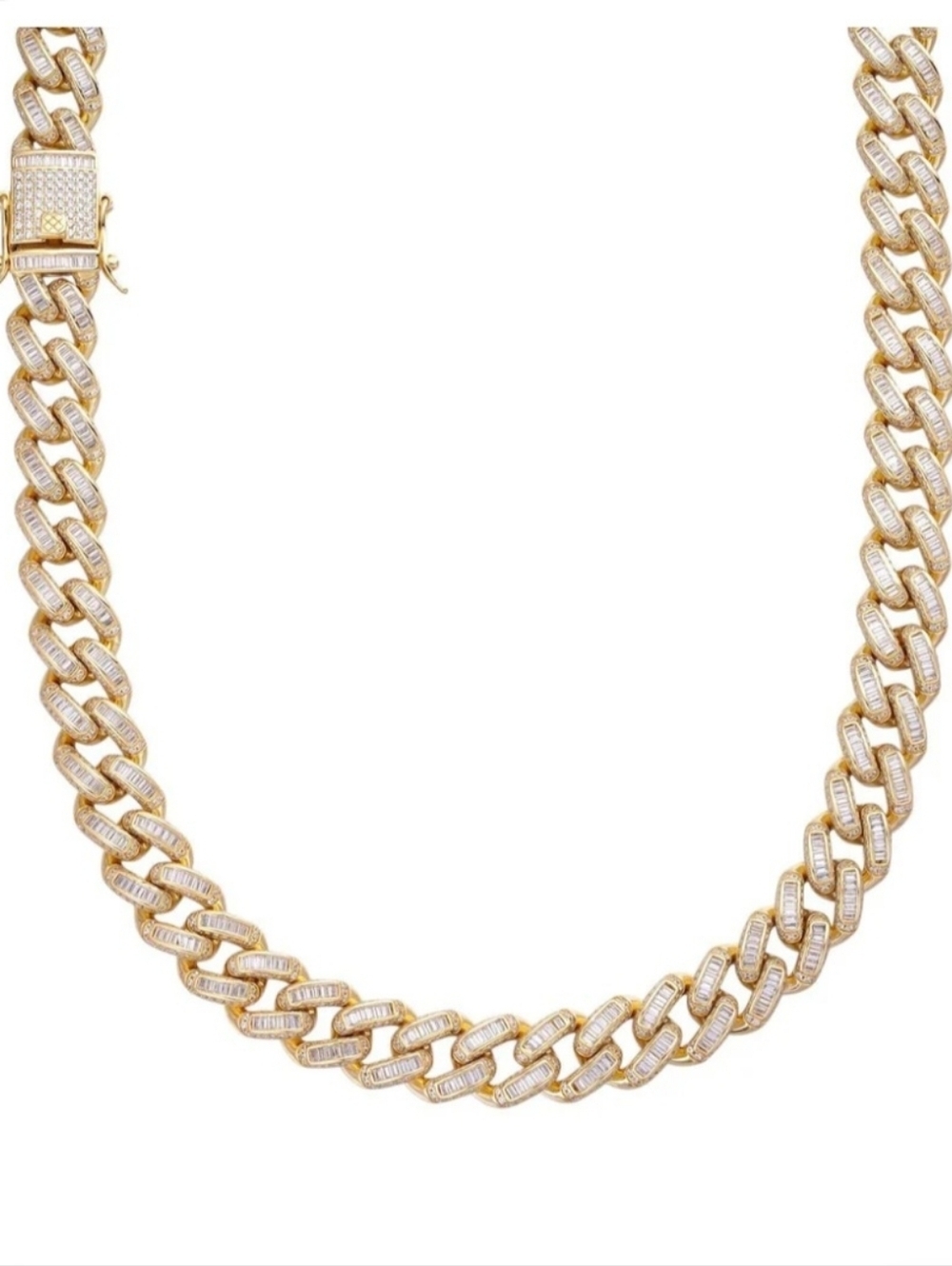 Baguette Prong Miami Cuban Link Chain Necklace Iced Out CZ Stones - 14k Gold Ver - Picture 4 of 12